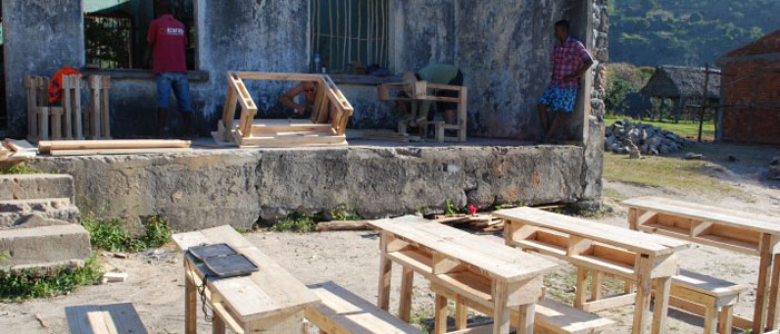 Freshly made benches at a school site