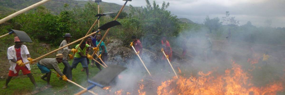 Community members use fire beaters to put out a fire